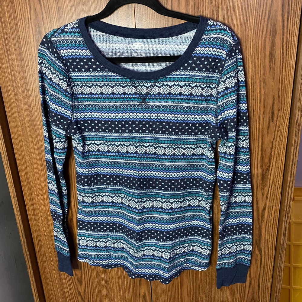Old Navy Thermal Top Womens M Blue Fair Isle Waffle Knit